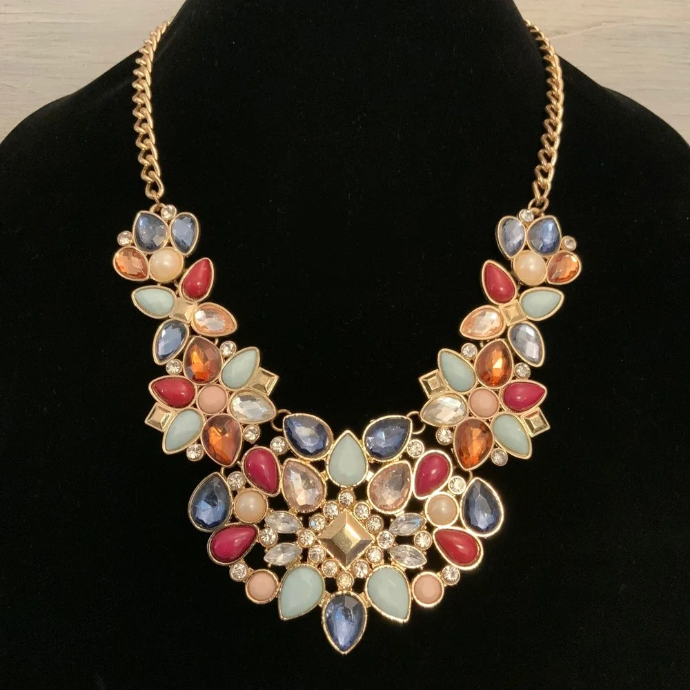 Colorful Faux Gemstone/Rhinestone Collar Bib Statement Necklace 18-20.5